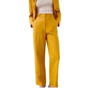 Zara Linen Menswear Style Baggy Wide Leg Mustard Yellow Trouser Pant